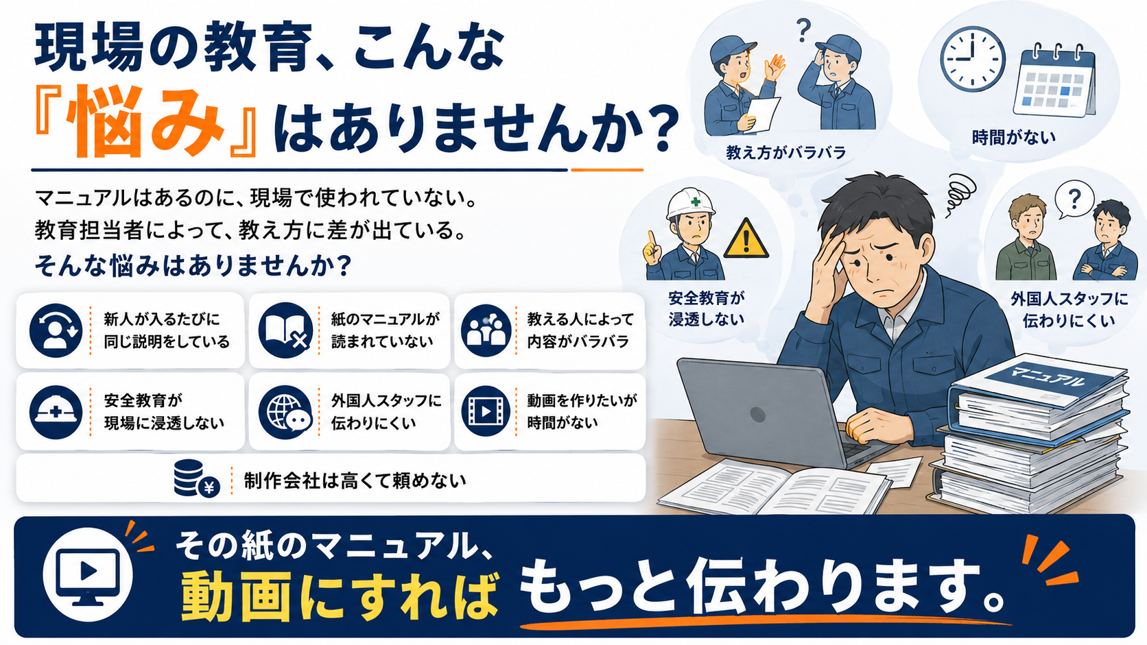 現場の教育でよくある悩みをまとめたイメージ画像